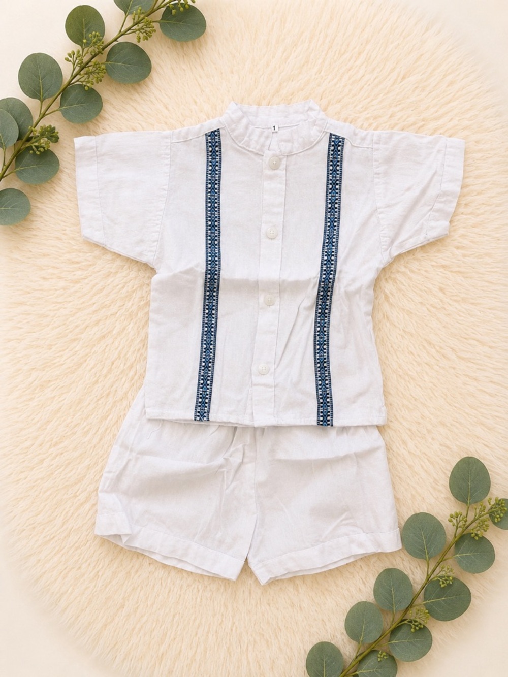 White Baby Two-Piece Set with Navy Embroidered Trim